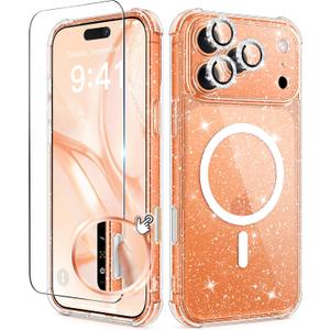 BERFY for iPhone 17 Pro Max Case for Women, Compatible with MagSafe, Clear Glitter Shockproof Protective Case, Anti-Yellowing, with Screen Protector & 3 Diamond Camera Lens Covers 6.9", Sparkle Clear