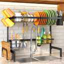 Over The Sink Dish Drainer Drying Rack - Expandable (26.8" to 34.6" W) Large Metal Dish Rack for Kitchen Counter, Kitchen Organizer with Adjustable Basket, Utensil Holder and Sponge Holder (Black)