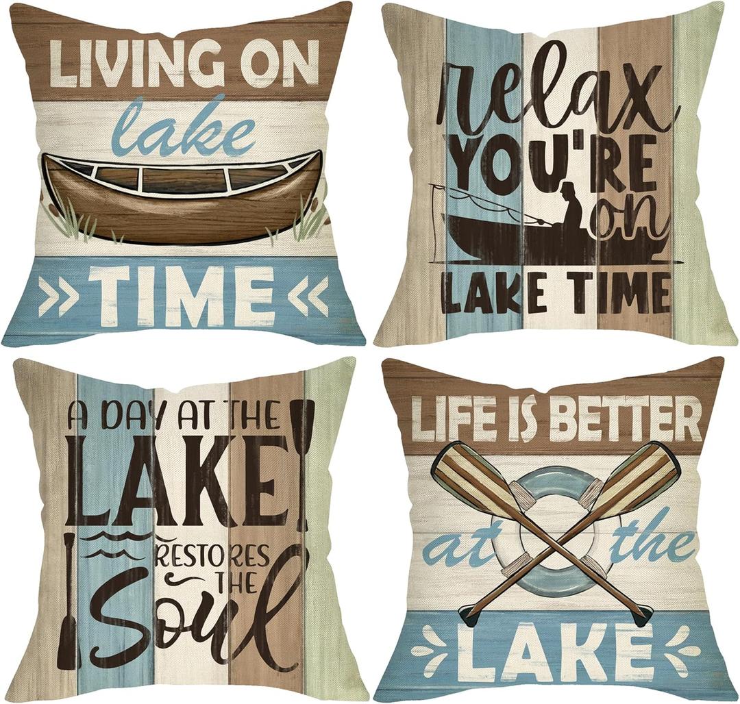 Life is Better at The Lake Decorative Throw Pillow Covers 16 x 16 Set of 4, Boat Paddle Lakehouse Porch Outdoor Home Decor, Spring Summer Stripes Farmhouse Rustic Couch Cushion Case