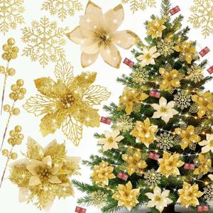 59PCS 6 Style Poinsettia Flowers Artificial Christmas Tree Decorations Gold Christmas Ornaments with Berry Stems Snowflakes Cards for Wreath Fireplace Stairs Xmas Tree Decor