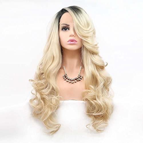 Melody Blonde Wig With Dark Roots Long Wavy Gold Synthetic Lace Front Wigs For Women 180% Density Side Part with Upsweep to Make Face Smaller Heat Resistant Fiber Hair 24 inch