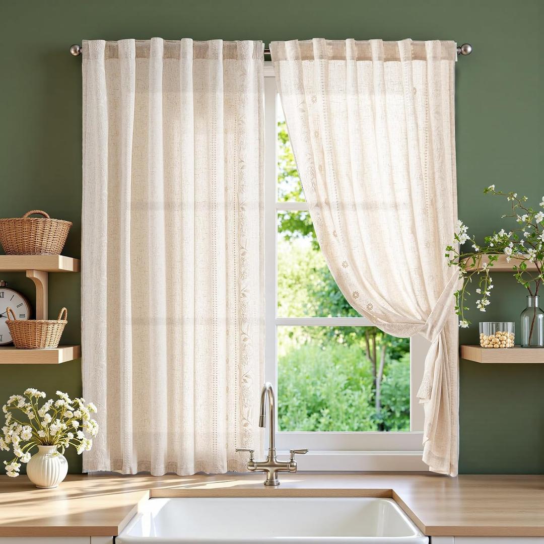 jinchan Winslow Linen Curtains 54 Inch Length Small Window Curtains Embroidered Bordered Floral Drapes Light Filtering for Bathroom Laundry Room Kitchen Farmhouse Decor White on Beige 2 Panels