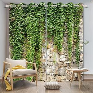 Umpoo Green Ivy Leaf Blackout Curtains Leaves Plants Rustic Stone Wall Spring Scenery Curtain for Living Room Bedroom Home Decoration Window Drapes Fabric Set of 2 Panels, 21x45 Inch