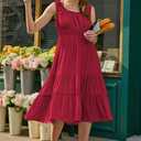 AlvaQ Women Summer Dresses Sleeveless Smocked Midi Dress High Waist Casual Tiered A Line Sundress with Pockets (Red, S)