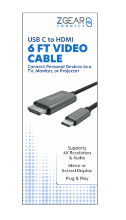 ZGear USB C to HDMI Video Cable
6 Ft Video Cable