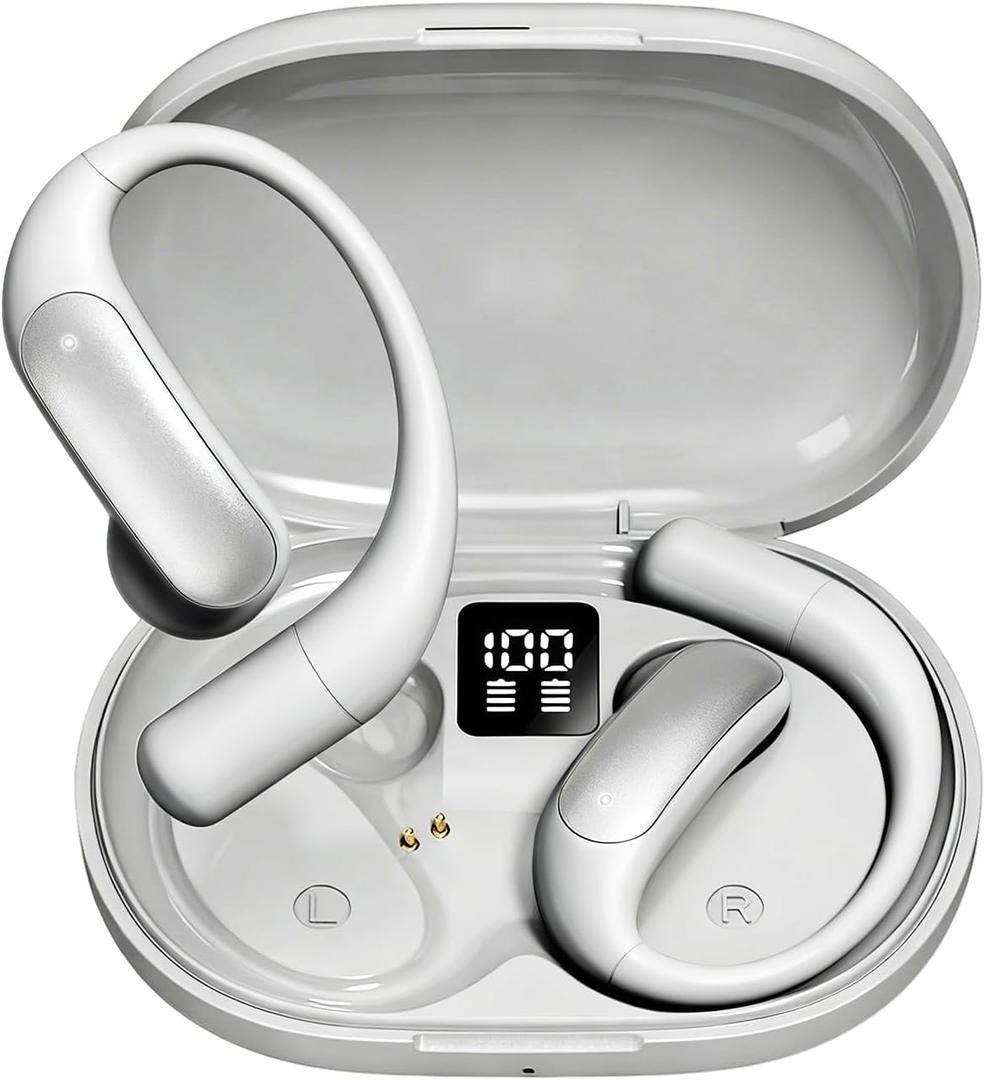 Wentronic Open Ear Headphones, Wireless Earbuds Bluetooth 5.4 with Digital Display, Secure Earhook, 48H Playtime, Enhanced Sound, Clear Calls, IP55 Waterproof Ultra-Light Sports Headphones - Silver