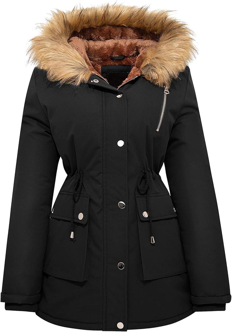 Garemcy Womens Winter Water Repellent Coat Thicken Puffer Jacket Warm Fleece Lined Parka With Fur Hood Coat Black Small