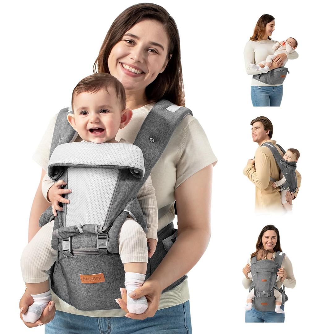 besrey Baby Carrier with Hip Seat Newborn to Toddler 9-in-1, Front Facing Baby Hip Carrier, Breathable Mesh for Moms & Dads, Forward Facing & Backpack Infant Holder (7-45 lbs) (Grey)