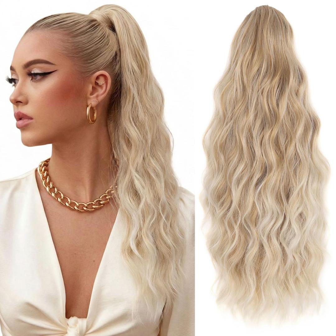 Ponytail Extensions 18 Inch Synthetic Claw Clip in Ponytail Extension Long Wavy Curly Hairpiece Fluffy Natural Looking for Women Daily Use (Blonde to Light Blonde)