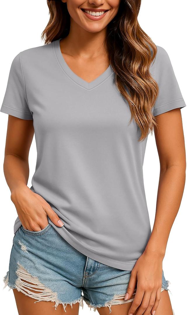 TACVASEN Workout Tops for Women UPF 50+ Sun Protection V-Neck T Shirts Short Sleeve Quick Dry Athletic Running Shirts (Large) Gray