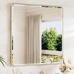 Brushed Nickel Vanity Mirror for Bathroom 36 x 36 Beveled Edge Tempered Glass, Rounded Corner Rectangle Wall Mirror for Modern Bathroom, Living Room, Bedroom, Entryway