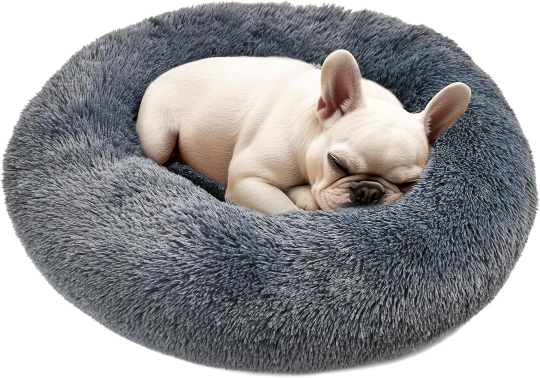 Hoewina Dog & Cat Bed, 20in Cat Beds for Indoor Cats, Calming Donut Bed for Puppy and Kitten, Washable Round Fluffy Pet Bed for Small Medium Dogs and Cats (Dark Grey)