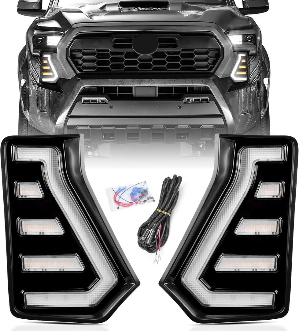 LED Daytime Running Lights White DRL Compatible with Tacoma 2024 2025, With Amber Sequential Turn Signal Lights Front Bumper Fog Lights Kit Tacoma Accessories