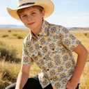 Boys Short Sleeve Button Down Shirt Casual Woven Summer Boys Dress Shirts with Two Pockets for Kids 5-12 Years