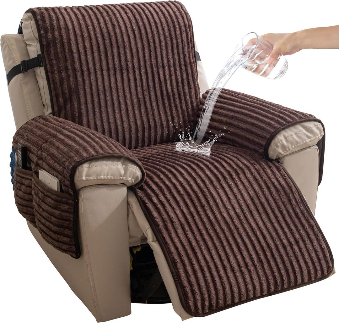 HAOMAIJIA Faux Fur Recliner Chair Covers Non-Slip Waterproof Recliner Covers That Stay in Place Warm Thick Lazy Boy Recliner Cover for Dogs Furniture Protector Pet Friendly (Brown, 28'')