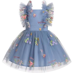 Girls Birthday Party Dress Ruffle Sleeve Sequin Dots Floral Tulle Princess Wedding Pageant Formal Bance Gown (Blue), 130