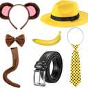 7 Pcs Halloween Couple Costume Set Monkey Ear Tail and Yellow Hat Outfit for Man Woman Curious Cosplay Accessories