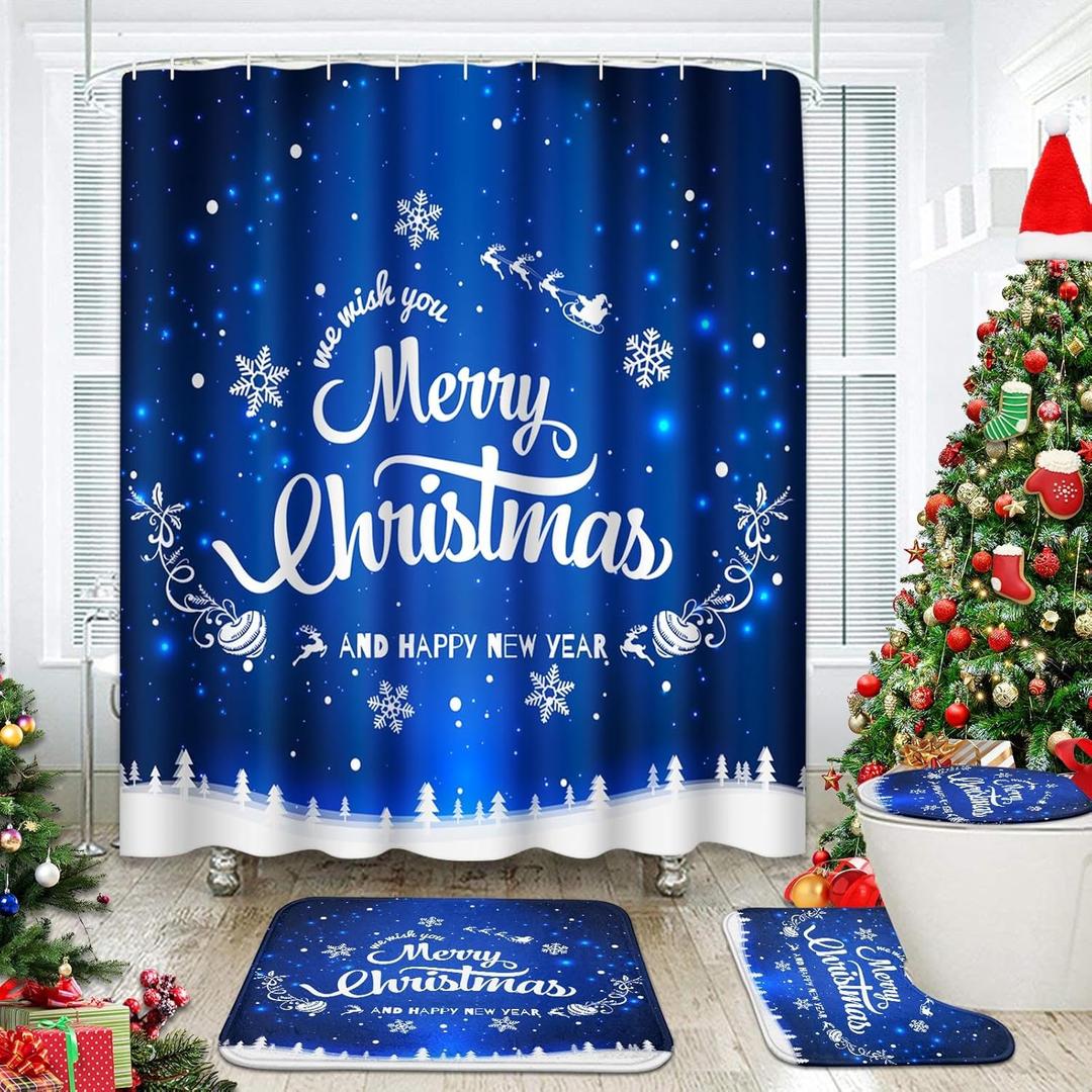 ArtSocket Merry Christmas Bathroom Set with Shower Curtain and Rugs Accessories, Happy New Year Snowflakes Blue Shower Curtain, Winter Bathroom Decor 4 Pcs