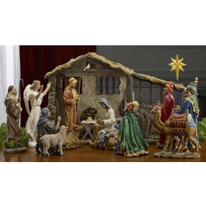 Deluxe Edition 16 Piece 10 Inch Christmas Nativity Set with Real Frankincense Gold and Myrrh.