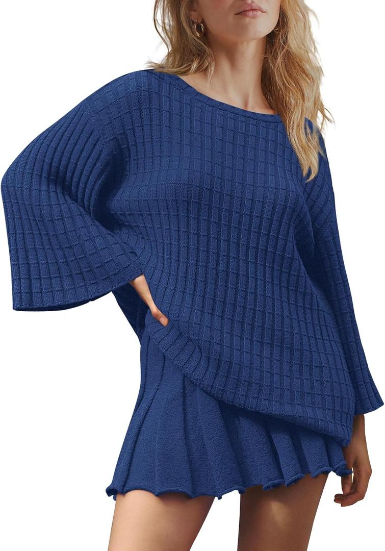 LAMISSCHE Womens Lounge Set Oversized 2 Piece Sweater Skirt Sets Long Sleeve Knit Top Pleated Skirts (X-Small, Blue)