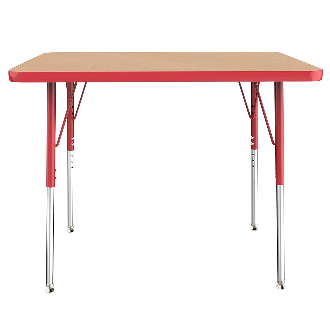 FDP Rectangle Activity School and Office Table (24 x 36 inch), Standard Legs with Swivel Glides, Adjustable Height 19-30 inches - Maple Top and Red Edge