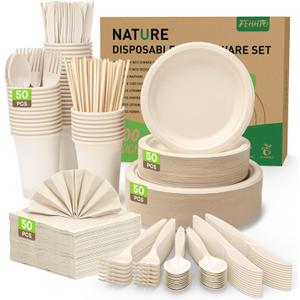 400PCS Disposable Paper Plates Set, Compostable Eco-friendly Dinnerware Set, Biodegradable Heavy-Duty Paper Plates, Utensils, Cups, Napkins, Straws for Party Camping Natural Brown