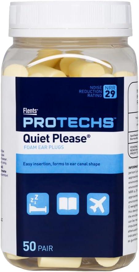 Flents Protechs Foam Ear Plugs, 50 Pair, Ideal for Sleeping, Snoring, Shooting, Working, Loud Noise, Traveling, Concerts, Construction & Studying, Disposable, Noise Reduction, NRR 29, 'New Formula'