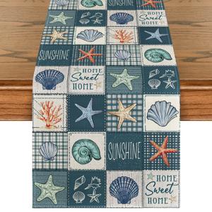 Artoid Mode Checkered Conch Shells Starfish 210 GSM Summer Table Runner, Seasonal Kitchen Dining Table Decoration for Home Party Decor 13x108 Inch