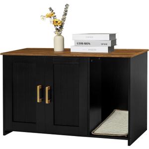 DWANTON Litter Box Enclosure, Cat Litter Box Furniture Hidden, with Scratching Mat, Wooden Cat Washroom Indoor, 31.5" L x 19.7" W x 21.7" H, Black and Warm Brown
