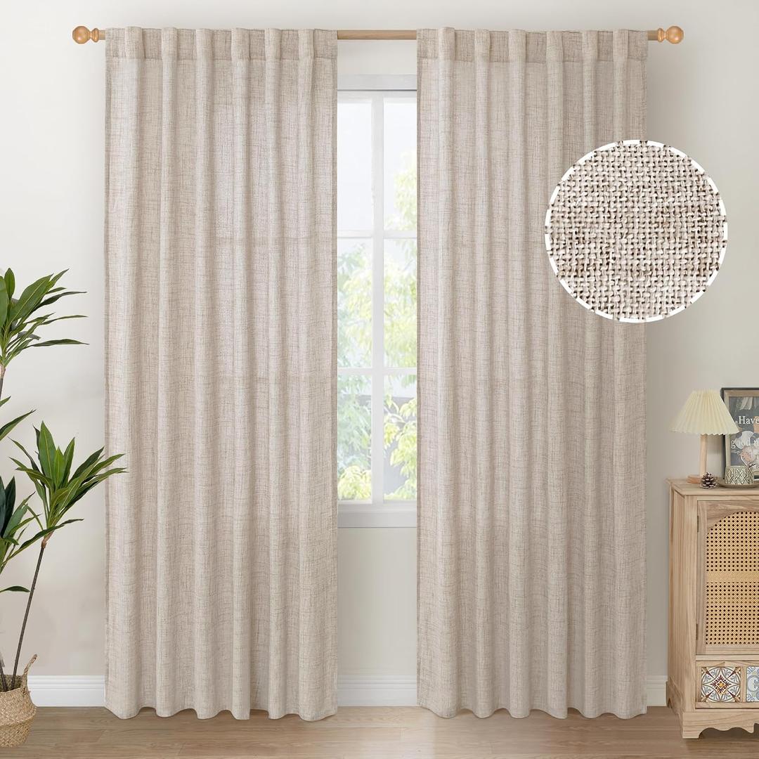 YoungsTex Natural Linen Curtains 80 Inch Length for Living Room, Light Filtering Burlap Textured Rod Pocket Window Drapes Back Tab for Bedroom Office Rustic, 2 Panels,  52"W x 80"L (Pack of 2), Natural