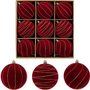 Briful 4'' Velvet Flocked Christmas Ball Ornaments  9pcs Burgundy Xmas Balls Baubles, Mix of Painted & Gold-Edge Solid Shades  Shatterproof Velvet Ornaments for Christmas Tree & Holiday Decor (100mm 3.94inch)