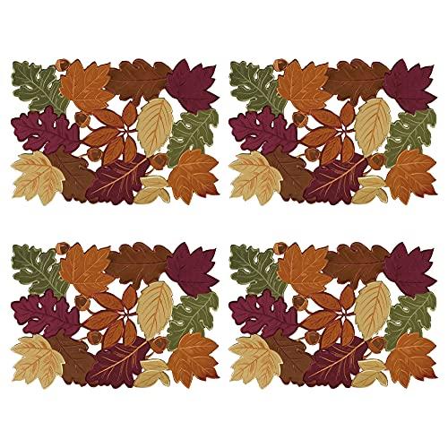 OWENIE 4 PCS Thanksgiving Placemats for Dining Table, 13 x 19 Inch Set of 4 Embroidered Maple Leaves Table mats for Fall, Harvest Applique Leaf for Autumn Decorations