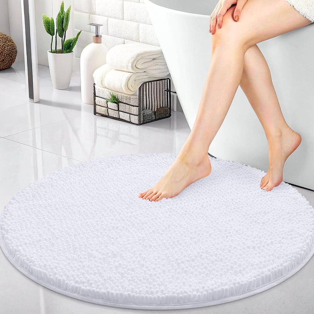 OLANLY 30-inch Round Bathroom Rugs, Extra Soft and Absorbent Chenille Bath Rugs, Quick Dry Machine Washable Bath Mats for Bathroom Floor, Tub and Shower, Home Decor Accessories, White