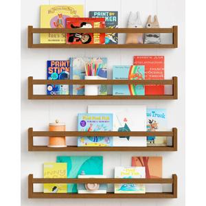 Forbena 24 Inch Wooden Floating Nursery Book Shelves for Wall, Walnut Nursery Bookshelf Wall Mounted for Kids Bedroom, Large Kids Floating Bookshelves for ChildToys Classroom Books Decor (Dark Brown), 23.6 Inch