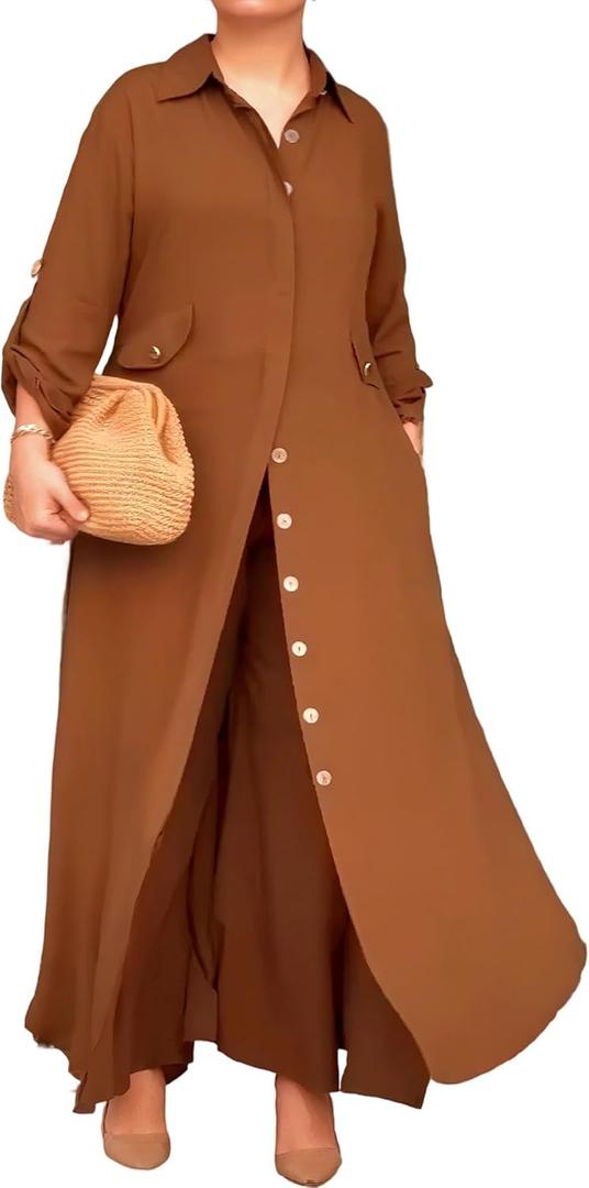 CHICME Womens 2 Piece Casual Outfits Long Sleeve Button Down Longline Shirt and Wide Leg Pants Set Lounge Set, Small