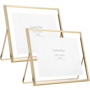 Gold 10x8" Floating Frame(Horizntal 2pack for picture 7x5'', 8x6'', 9x7'', rounded Edge Metal Frames Adjustable Tabletop/ Shelf Photo Frame, Classy Gift Choice for Wedding, Thanksgiving, Christmas, Birthady, Home or Office Decor.