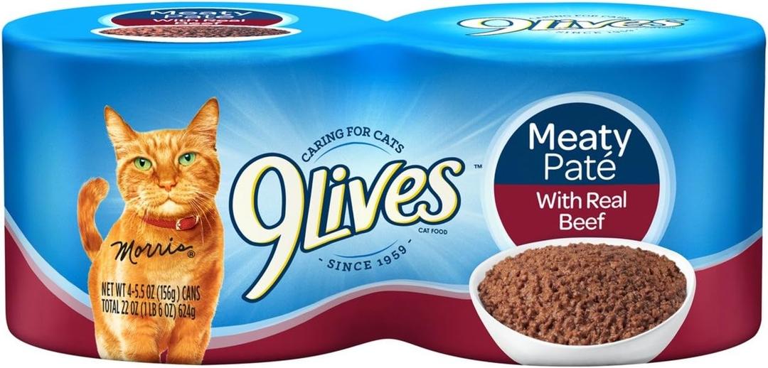 9Lives Meaty Pat Wet Cat Food With Real Beef, 5.5-Ounce, Pack of 4 (EXP 09/01/26)