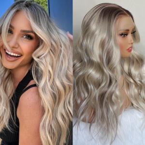 Highlight Blonde Lace Front Wigs Body Wave 13x6 Glueless Lace Frontal Synthetic Wig Pre Plucked Long Wavy Synthetic Lace Front Wig for Women 20inch
