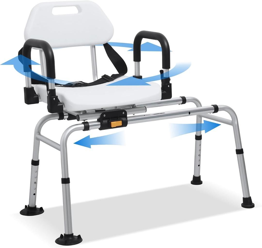 PIDOSO Sliding Shower Chair Tub Transfer Bench with Swivel Seat, Shower Bench for Elderly and Disabled Slides and 360° Rotates, with Pivoting Arms and No-Slip Suction Cups, Height Adjustable