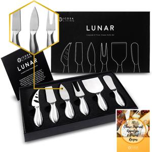 Lunar 6-Piece Cheese Knife Set - Premium Stainless Steel Cheese Knives Collection - Charcuterie Board Accessories Gift Ready w/ 15 Festive Recipes