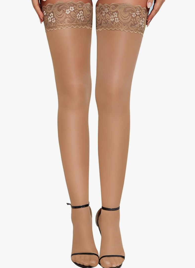 Women's Lace Top Thigh High Sheer Stockings Antiskid Silicone Ultra Shimmery Pantyhose, One Size