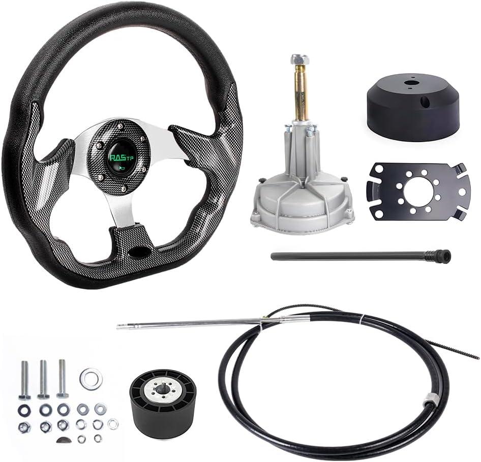 RASTP 12FT Boat Steering System, 12FT Outboard Steering Kit with 3/4" Tapered Shaft with 12.7 Inch Steering Wheel for Yachts, Fishing Boats & Watercraft