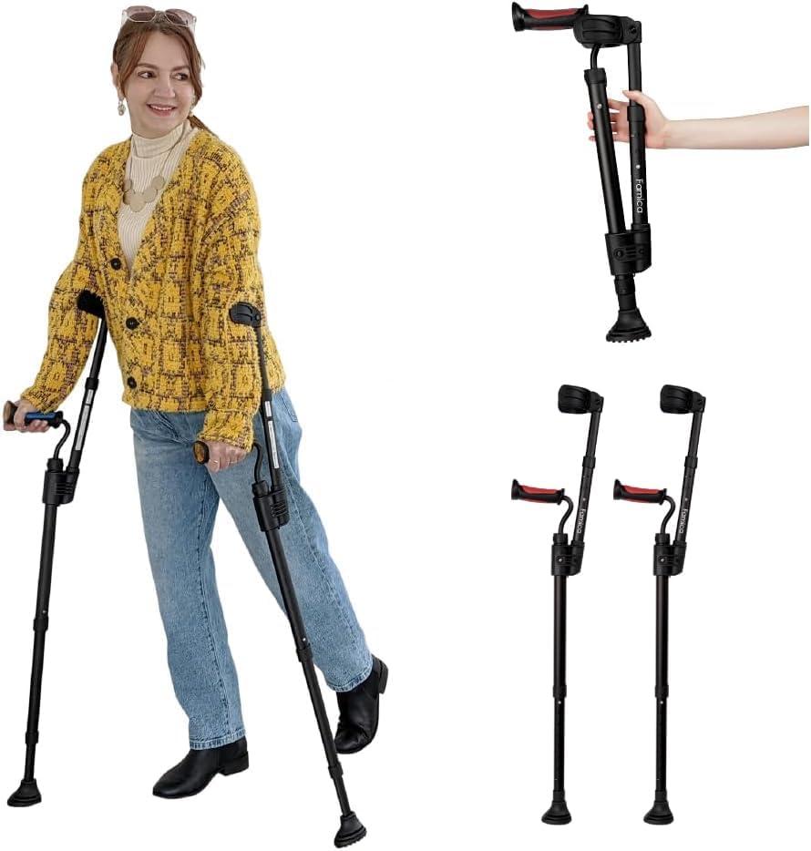 FlexiCrutch (x2 Unit, Open Cuff) Forearm Crutches for Adults Seniors, Red Dot Award Winner, Foldable Lightweight Mobility Aid, Adjustable Height Ergonomic Handle, Non-Slip, Surgery Recovery