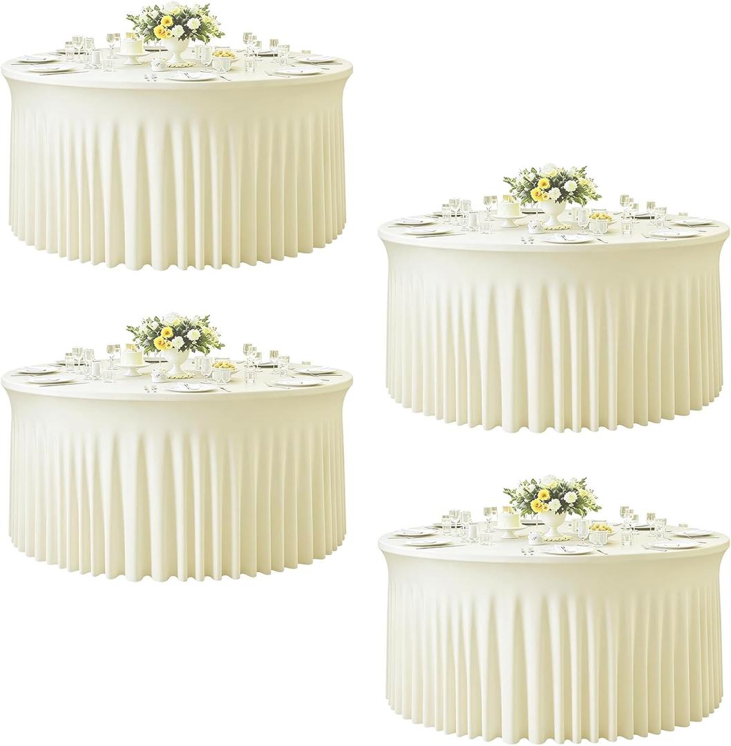 GALLETY 4 Pack Ivory Round Tablecloth for 5FT Round Tables, 120 inch Fitted Spandex Table Cloth with Skirt, Wrinkle Free & Stain Resistant Stretchy Table Cover for Birthday, Anniversary & Picnic