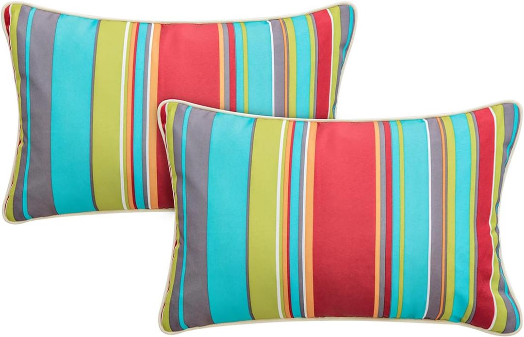 Enipate Outdoor Lumbar Pillows with Inserts, Water Resistant 12 x 20 Inch Striped Toss Pillows for Patio Furniture Decor, Pack of 2