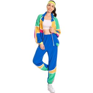 Womens 80s Tracksuit Retro Hip Hop Windbreaker Women Disco Tracksuit Sets Colorblock One Piece Outfits Set (Medium, Yellow)