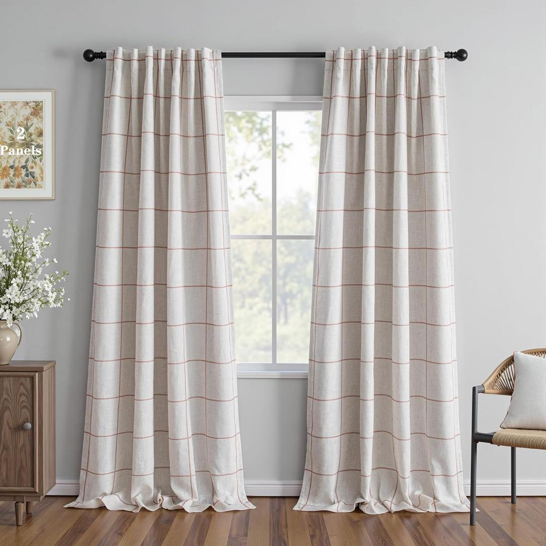 MYSKY HOME 100% Blackout Plaid Linen Curtains 95 Inches Long Double Layer Farmhouse Thermal Insulated Checkered Patterned Drapes Rod Pocket Back Tab for Living Room Dining Room, 2 Pcs, 52" Wide, Tan