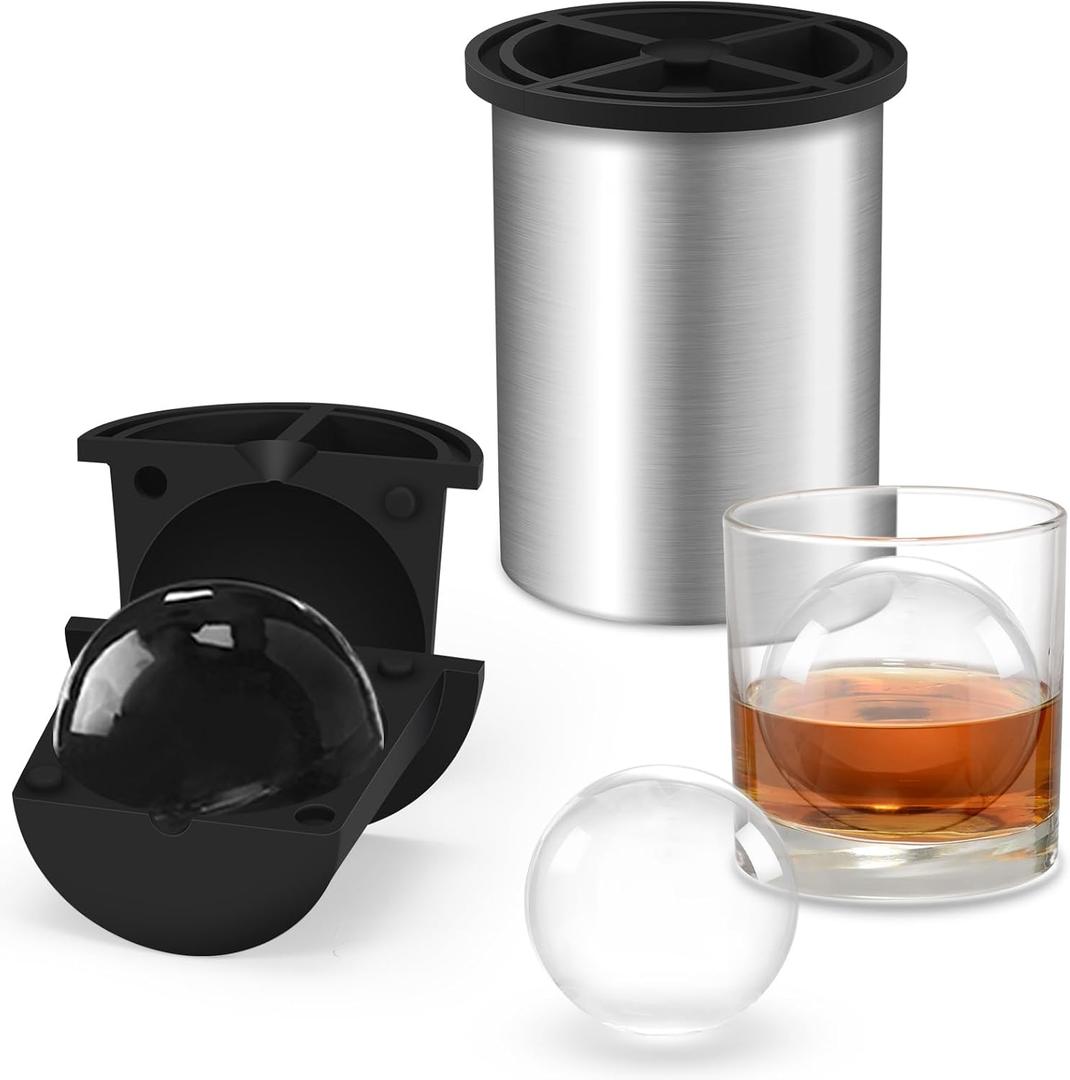 Clear Ice Cube Maker, 2.5 Inch Stainless Steel Crystal Large Clear Ice Ball Maker, Silicone Ice Cube Mold for Cocktails, Drinks & Bourbon, Whiskey Gifts for Men, Metal Color (1 Pack)