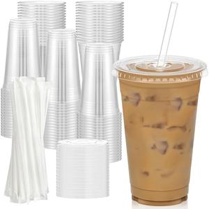 Dealusy 100 Pack - 20 oz Clear Plastic Cups with Lids and Straws, Sturdy & Food Safe Iced Coffee Cups with lids, Disposable Plastic Smoothie Cups for Cold Drinks