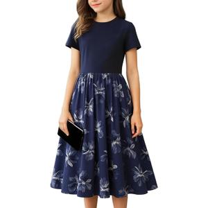Seechoslo New 8-14Years Girls Elegant Dress Short Sleeve A-Line Floral Midi Party Special Occasion (US, Age, 12 Years, Dark Blue)